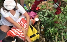 Medical staff stablise the girl after she accidentally impaled her leg on a tree branch.