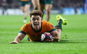 Australia’s Andrew Kellaway celebrates scoring a try for the Wallabies against England in the Autumn Nations Series at Twickenham, England, 9 November 2024. 
Mandatory Credit ©INPHO/Andrew Fosker