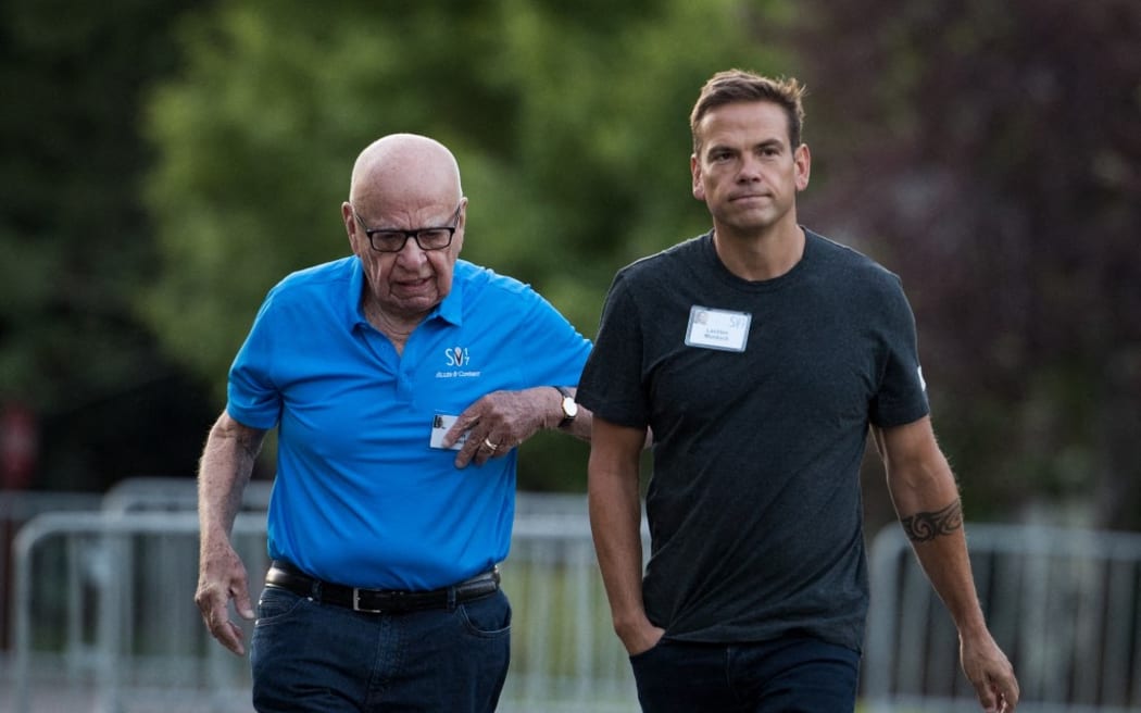 SUN VALLEY, ID - JULY 13: (L to R) Rupert Murdoch, executive chairman of News Corp and chairman of Fox News, and Lachlan Murdoch, co-chairman of 21st Century Fox, walk together as they arrive on the third day of the annual Allen & Company Sun Valley Conference, July 13, 2017 in Sun Valley, Idaho.