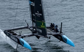 New Zealand SailGP Team helmed by interim driver Nathan Outteridge in action on Sydney Harbour, 2024