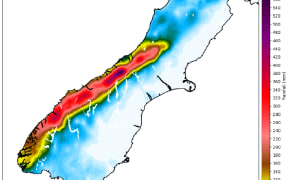 A MetService graphic showing the radar rainfall accumulation for the hours the Red Warning was issued for South Westland. This shows where the radar detected rainfall across the region during the warning period.