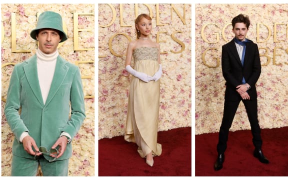 Jeremy Strong, Ariana Grande and Timothee Chalamet arrive at the Golden Globes 2025.