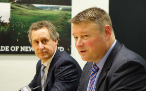 Silver Fern Farms CEO Dean Hamilton and board chair Rob Hewett at a special shareholders' meeting in Dunedin on 12 August 2016.