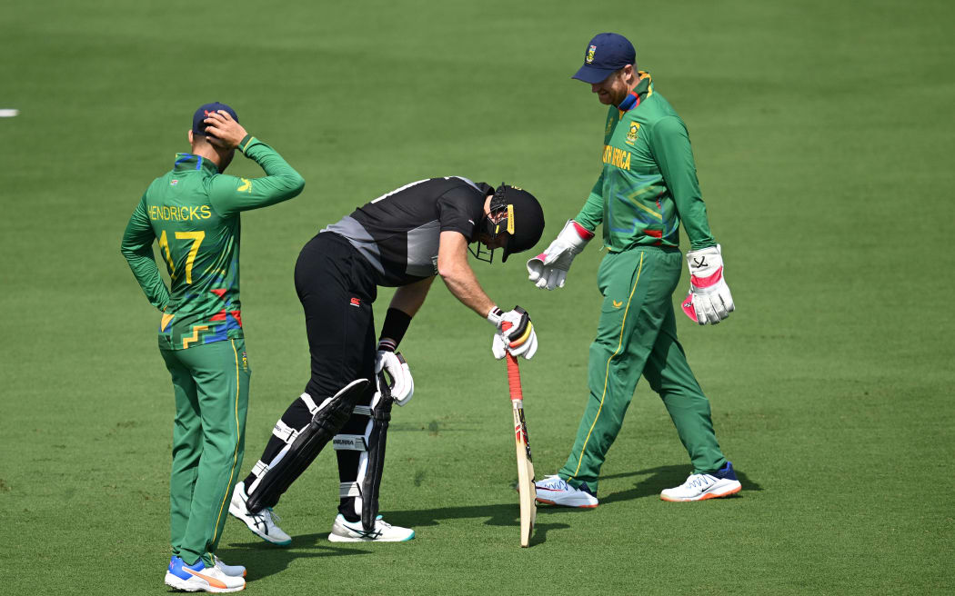Martin Guptill needs some attention while batting against South Africa during a T20 World Cup warmup match in Brisbane , 2022.