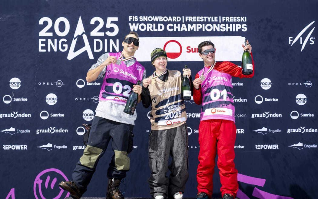 Men’s freeski halfpipe world championships podium (L-R): Nick Goepper (USA) silver, Finley Melville Ives (NZ) gold, Alex Ferreira (USA) bronze.