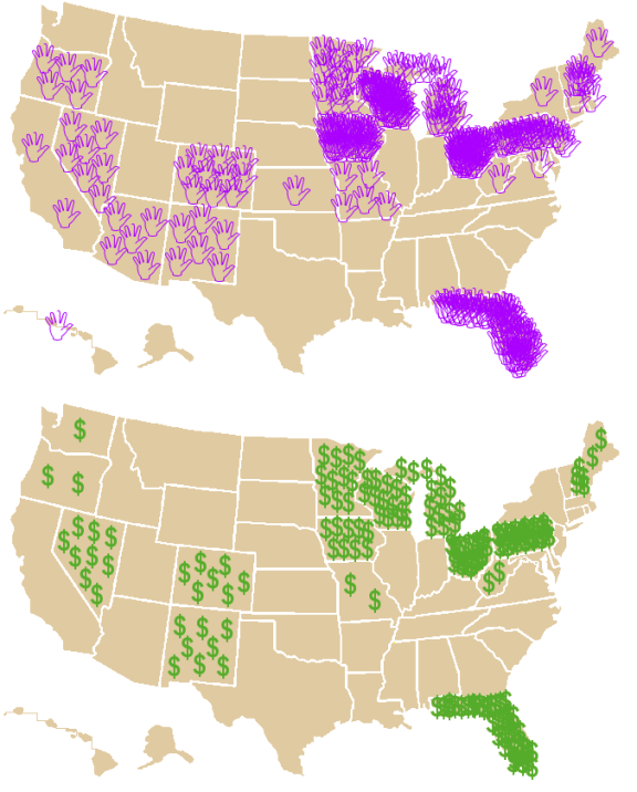 Pictograms of how much time and money was concentrated on a handful of battleground states during the final five weeks of the 2004 election campaign. Each hand is a visit to the state by the VP candidate. Each dollar sign is a million dollars spent on TV advertising.