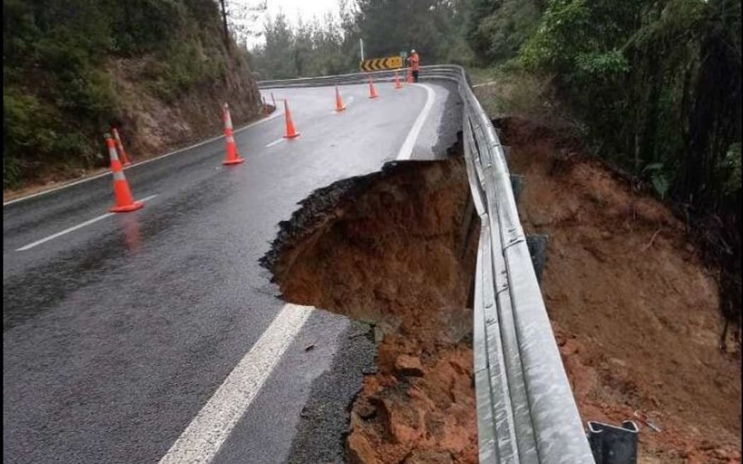 A washout closed State Highway 25 between Hikuai and Whangamatā on 6 March 2023.
