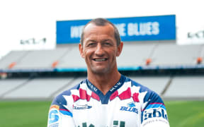 Carlos Spencer models the Blues' 1997 throwback jersey at Eden Park.