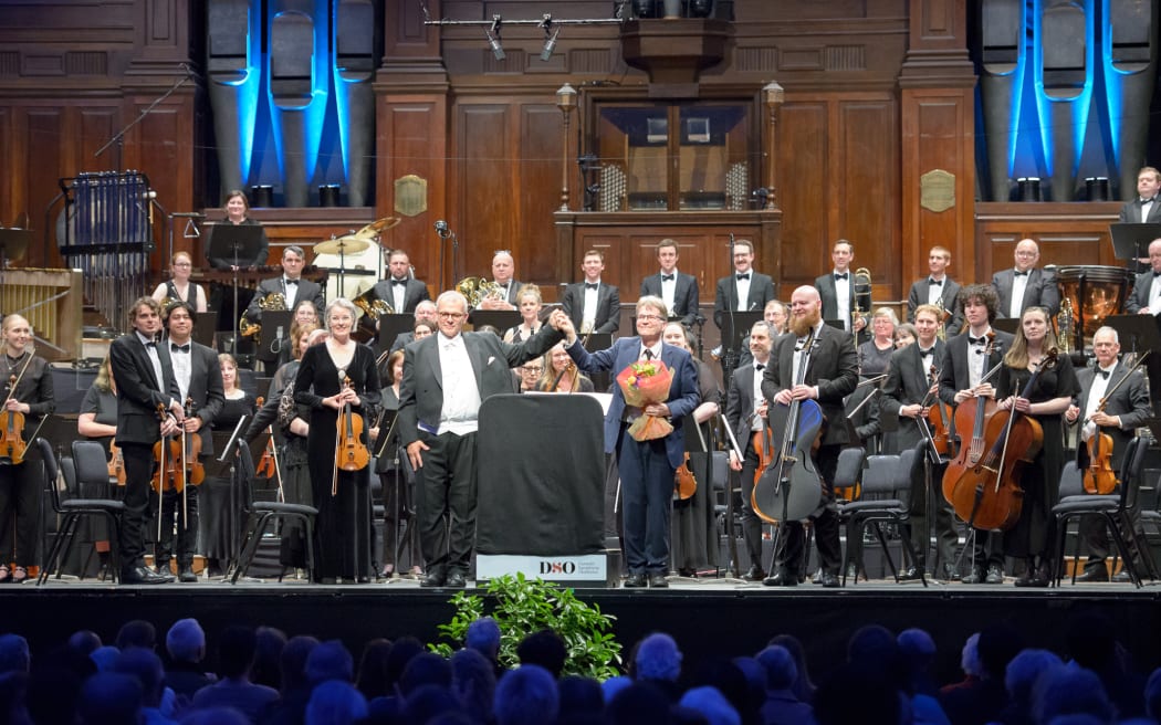 Curtain calls at a Dunedin Symphony Orchestra concert with conductor Simon Over and composer Anthony Ritchie