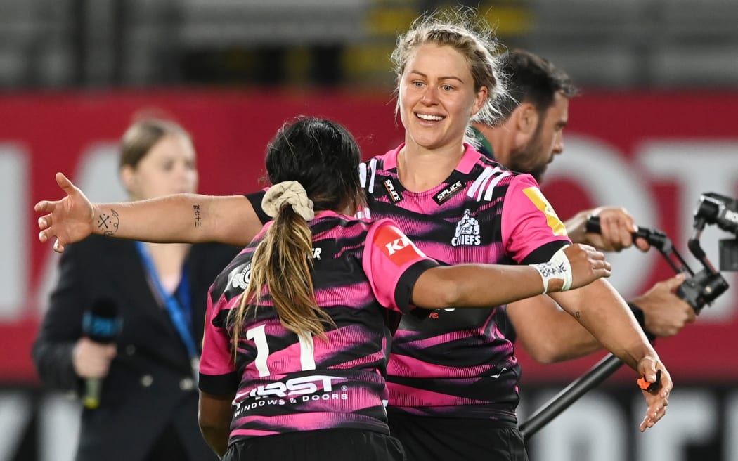 Chelsea Alley celebrates the Chiefs win over the Blues in the historic first women's Super Rugby game.