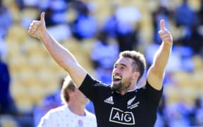 New Zealand's Kurt Baker celebrates at the Wellington Sevens.