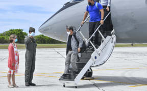 U.S. Special Presidential Envoy for Compact Negotiations Joseph Yun greets U.S. Ambassador to the Republic of the Marshall Islands Roxanne Cabral following the arrival of the U.S. delegation at Bucholz Army Airfield on U.S. Army Garrison-Kwajalein Atoll June 14, 2022. (U.S. Army photo by Jessica Dambruch)