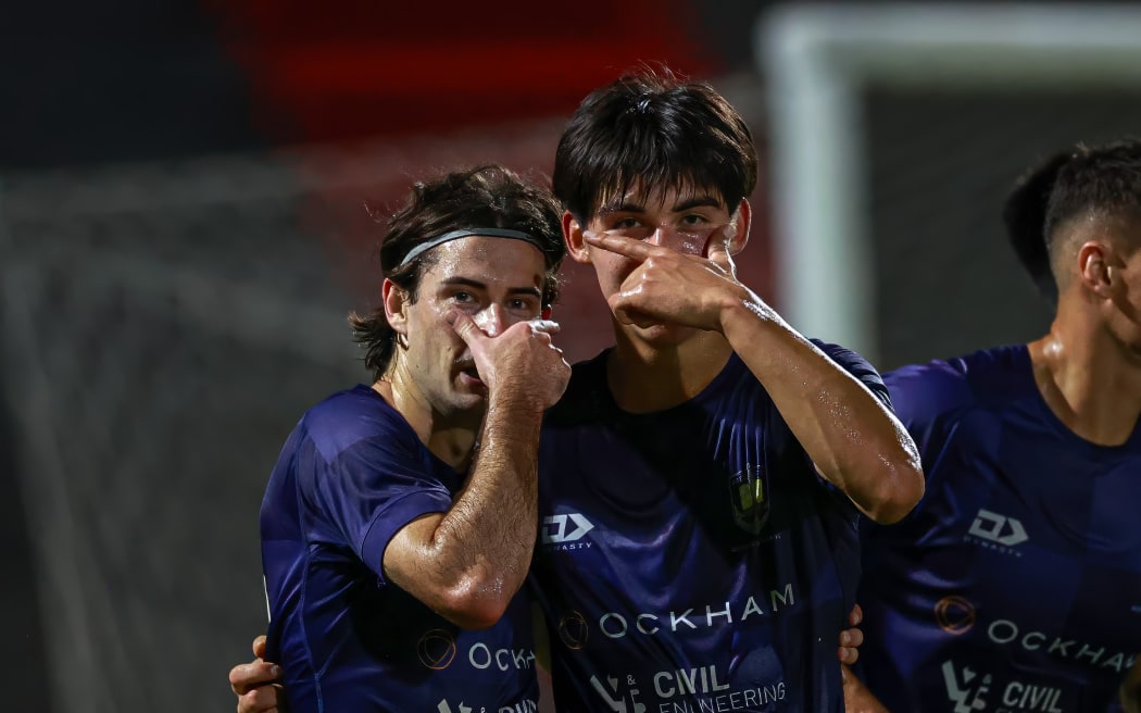 Auckland City FC's Liam Gillion scores and celebrates his goal. OFC Men's Champions League 2024, Final, Auckland City FC v AS Pirae, Stade Pater, Tahiti, Friday 24 May 2024. Photo: Shane Wenzlick / www.phototek.nz