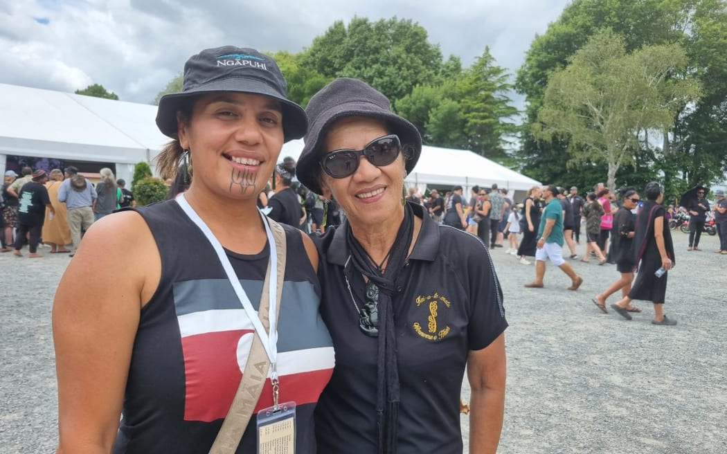Huria Stewart-Wilson (left), from Matauri Bay in Northland was among those who made the trip for the hui-a-motu at Tūrangawaewae Marae today.