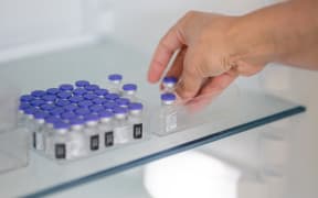 France, La Baule-Escoublac, 2021/07/29. Bottles of Pfizer / BioNTech vaccine against covid-19 in a fridge in La Baule vaccination centre.
