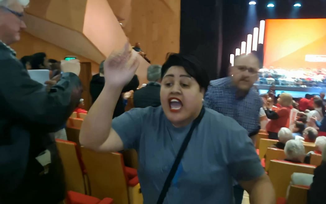 A protestor at the Labour Party campaign launch on 2 September, 2023.