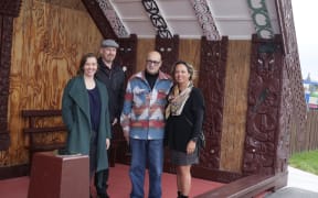 Te Unua Museum of Southland Museum director Eloise Wallace, Te Unua Museum of Southland team leader experience David Dudfield, Waihōpai Rūnaka kaiwhakahaere (chair) Cyril Gilroy, and Rūnaka project lead Keri Whaitiri at Murihiku Marae.