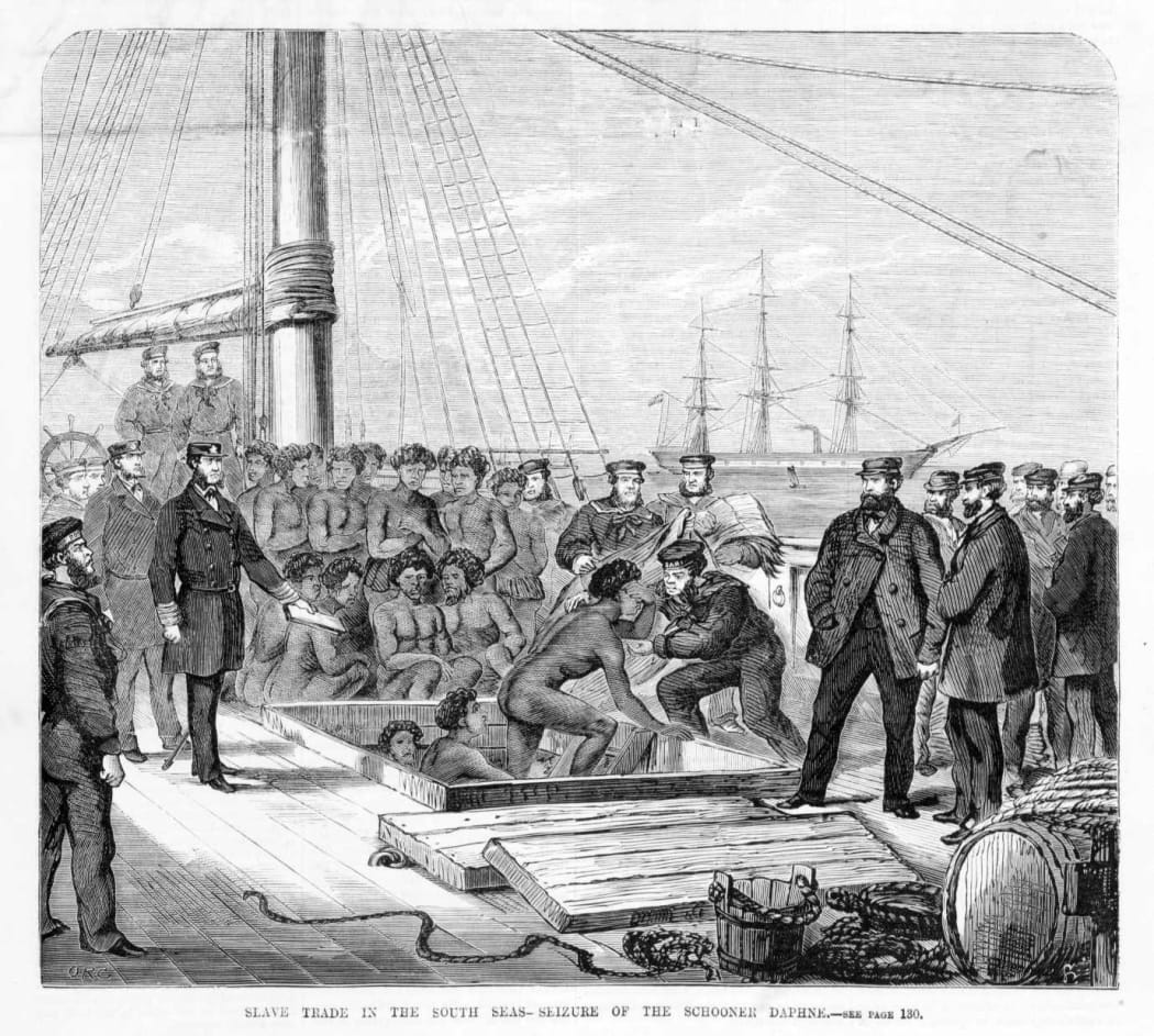 Seizure of the blackbirding schooner Daphne and its cargo by the HMS Rosario in 1869.