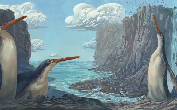 An illustration of three giant penguins with long beaks standing beneath rocky cliffs next to the ocean. One penguin is on its belly next to one penguin standing upright. The third penguin stands opposite with beak pointed up to the sky and wings slightly outstretched.