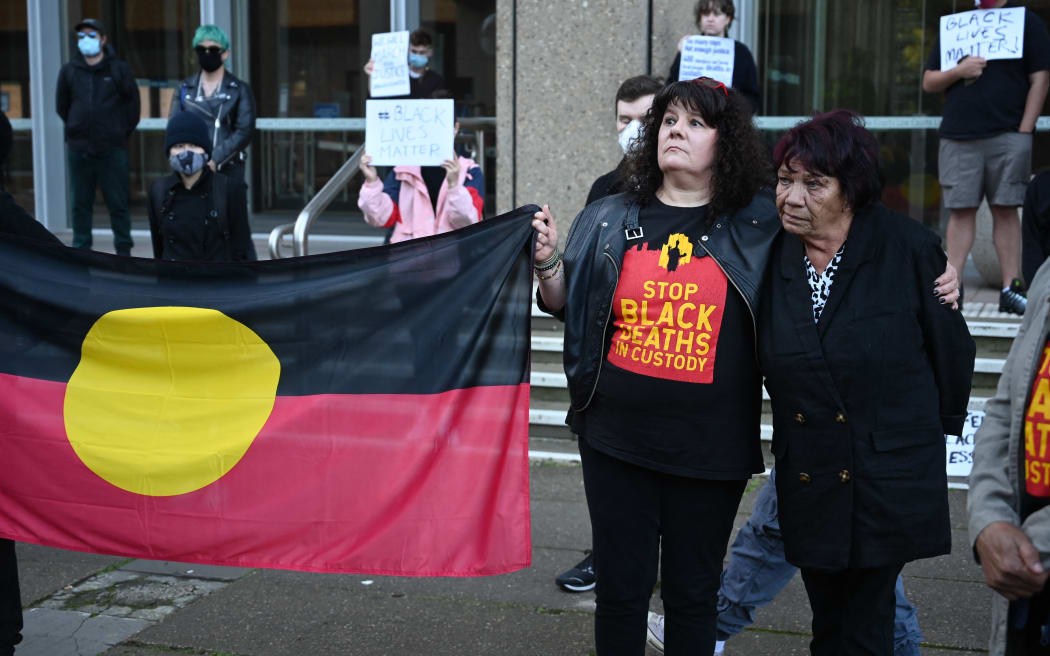 Aboriginal elder Leetona Dungay (right), whose son David Dungay Jr died in a Sydney prison in 2015, protests deaths in custody, outside the Supreme Court in Sydney on 5 June, 2020.