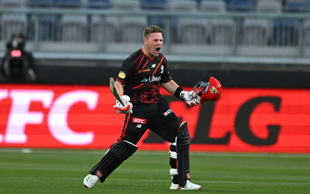 Tim Seifert celebrates making a century for the Melbourne Renegades against Brisbane Heat at Geelong, 15 December, 2025. (AAP Image/James Ross/ Photosport)