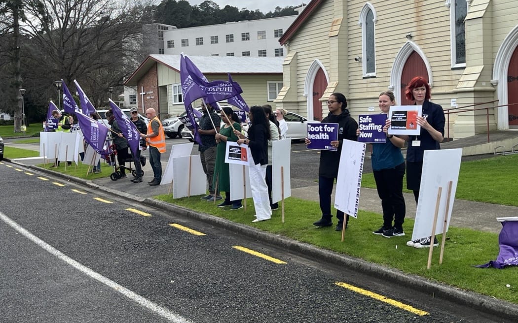 Emergency department staff picket outside Thames Hospital where an extra 21 full-time nurses are needed.