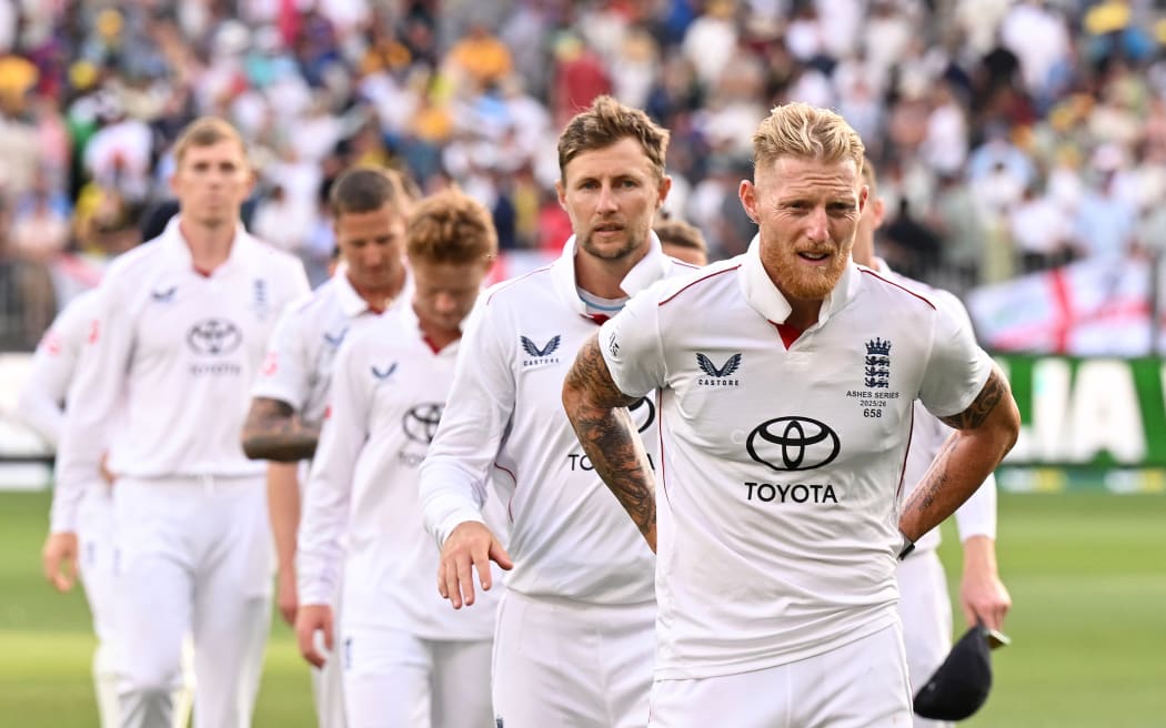 The England team lead by captain Ben Stokes leaves the field following their 8 wicket defeat in first Ashes Test, 2025.