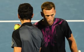Mate Pavic (L) and Michael Venus in action at the 2016 ASB Classic, Auckland, New Zealand. Thursday 14 January 2016. Copyright Photo: Chris Symes / www.photosport.nz