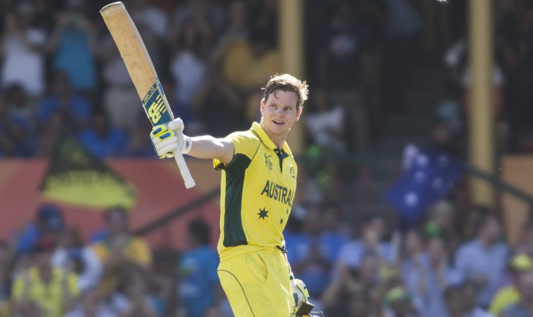 Australia batsman Steve Smith celebrates hitting a century.