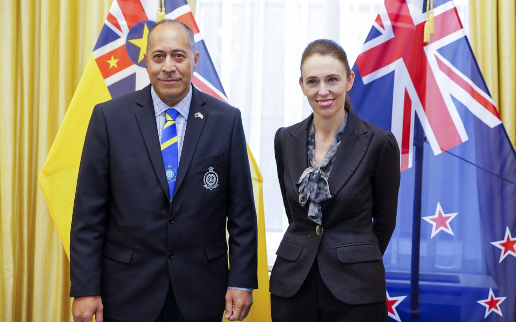 Premier of Niue Dalton Tagelagi and New Zealand Prime Minister Jacinda Ardern during a bilateral meeting at Parliament on 21 July 2022 in Wellington, New Zealand.