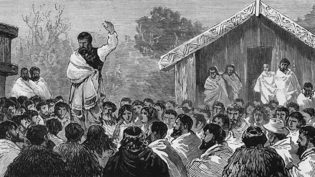 The Prophet Te Whiti Addressing a Meeting of Natives from The Graphic (1881)
