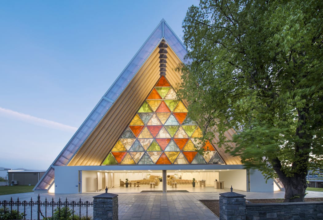 An exterior view of the Cardboard cathedral in Christchurch designed by Shigeru Ban.