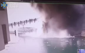 Ukraine's SBU on June 3 published a video showing a large underwater explosion beneath the Kerch Bridge.