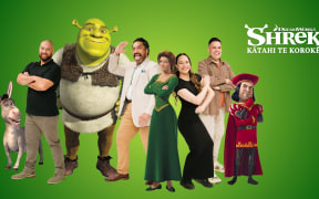 The cast of Shrek: Kātahi Te Korokē Maaka Pohatu as Shrek, Tuakoi Ohia as Princess Fiona, Te Puaheiri Snowden as Donkey, and Jeremy Tātere McLeod as Lord Farquaad in a mock-up image with the animated characters.