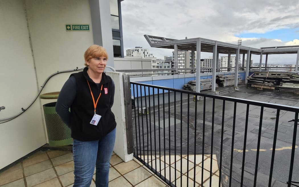 Jocelyn Turnbull of GNS Science in front of the tube carrying air from above the Auckland CBD into a monitoring station indoors.