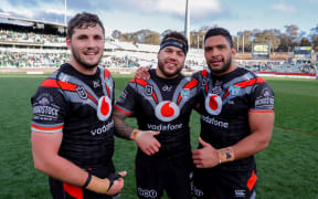 Josh Curran, Jazz Tevaga and Taane Milne from the Warriors rugby league club.