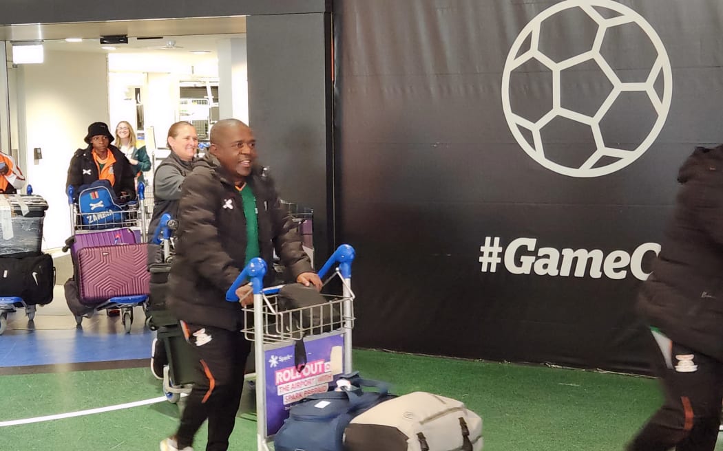 Zambia women's football coach Bruce Mwape arrives in New Zealand.