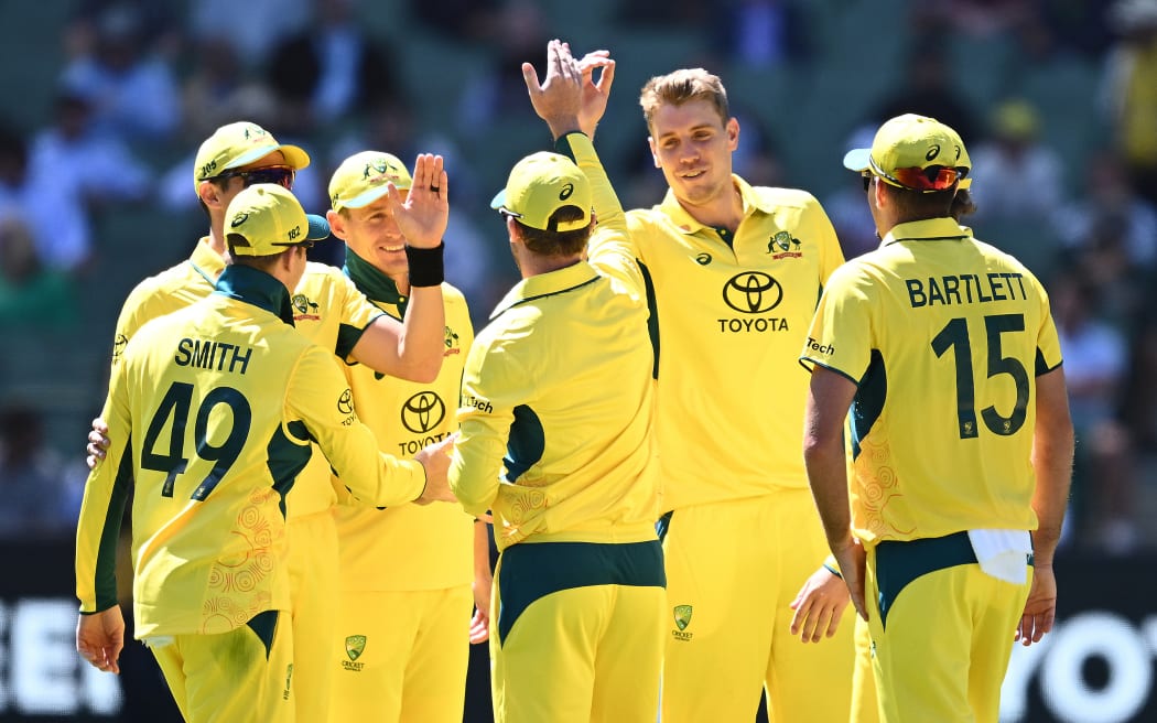 Cameron Green of Australia celebrates taking the wicket
