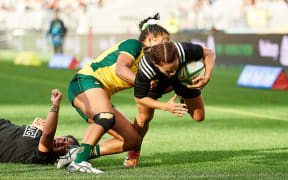 Selica Winiata of the Black Ferns dives over the line for a Try during the Rugby Test match between the New Zealand Black Ferns and the Wallaroos, Perth 2019.