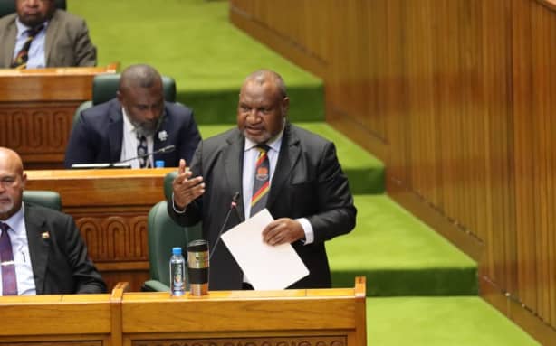 PNG Prime Minister James Marape speaks in parliament during debate following the tabling of the Bougainville referendum result.