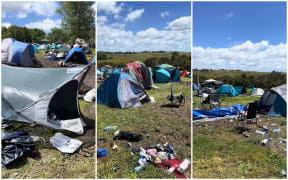 A montage of pictures showing the tents and debris left behind after the 2023/2024 Northern Bass music festival in Mangawhai, Northland.