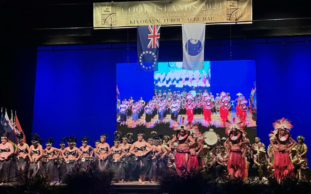 Cook Islanders perform to welcome delegates at the opening ceremony of the 52nd Pacific Islands Leaders Meeting in Rarotonga. 6 November 2023.