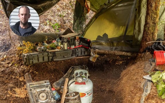 A photo of Tom Phillips over a picture released by police of one of the campsites he used.