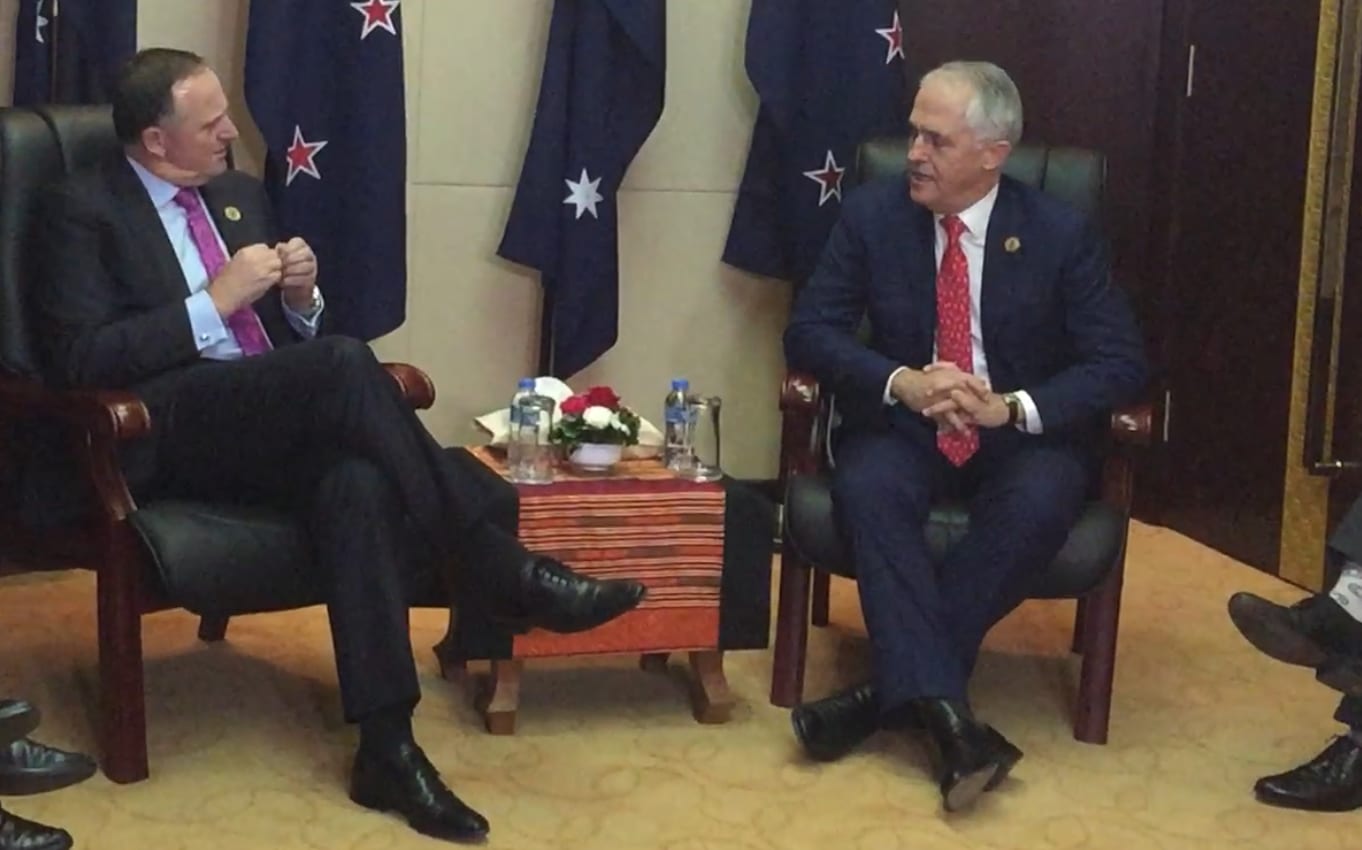 John Key, left, and Malcolm Turnbull meeting at the East Asia Summit in Laos.