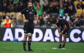 New Zealand's Samuel Whitelock reacts after their loss during the third rugby Test match between New Zealand and Ireland at Sky Stadium in Wellington on July 16, 2022.