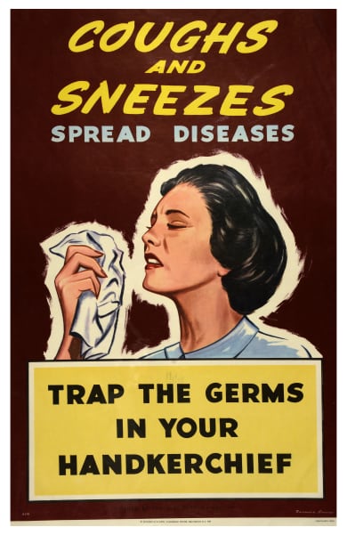 A poster from 1964 advising New Zealanders to use handkerchiefs to trap germs when using the railway.