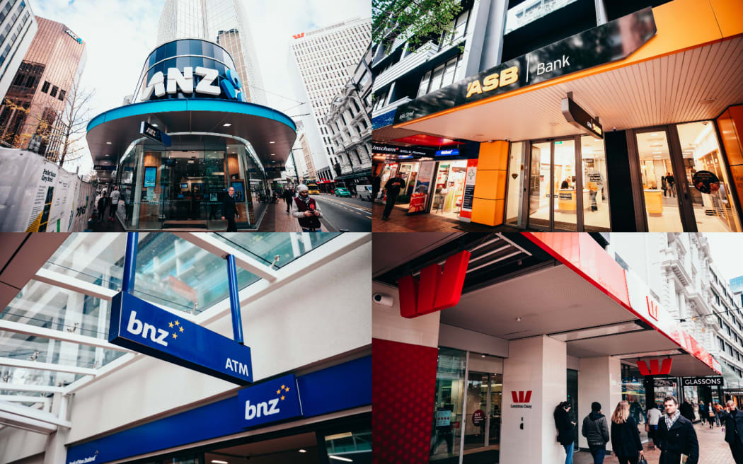 A composite image of New Zealand's four major retail banks - ANZ, ASB, BNZ and Westpac.