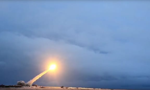 Testing the Burevestnik nuclear cruise missile. A screenshot from a video provided by the Russian Defense Ministry.