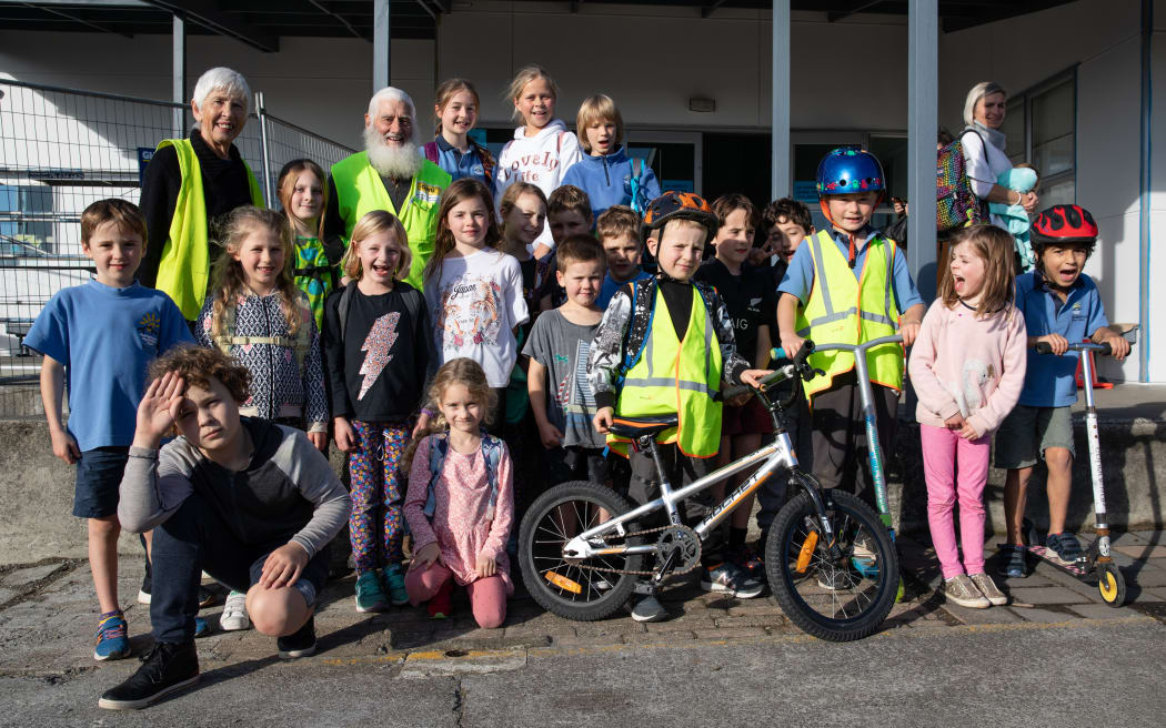 Birkenhead Primary has four Walking School Buses, including the Hinemoa Hikers - which Geoff and his wife Linda volunteer for.