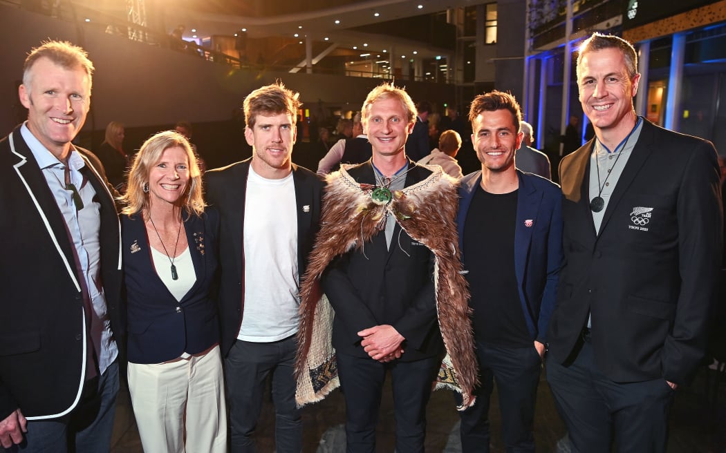 (L to R) Mahe Drysdale, Barbara Kendall, Peter Burling, Hamish Bond, Blair Tuke and Rob Waddell.
New Zealand team farewell and flag bearer announcement for the Tokyo Olympic Games.